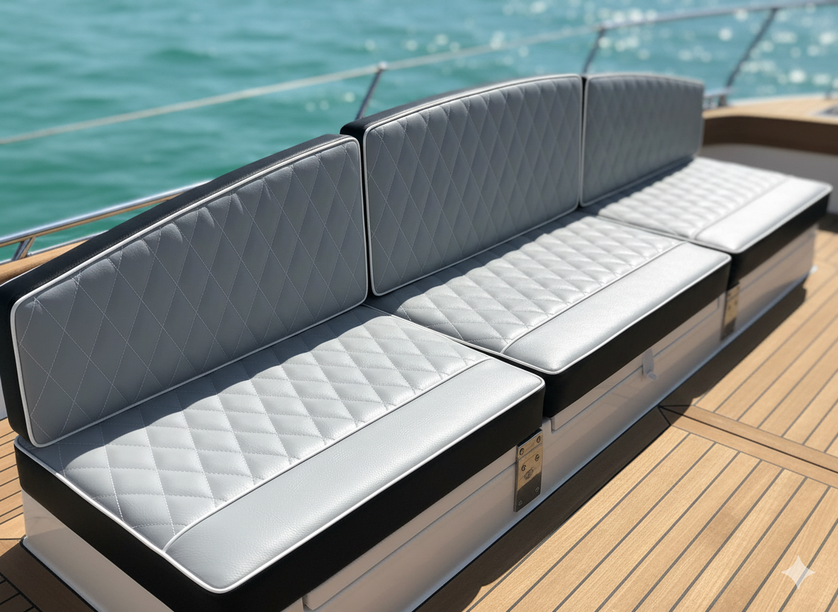 Luxury boat interior with light grey Bentley stitching marine upholstery Thornaby